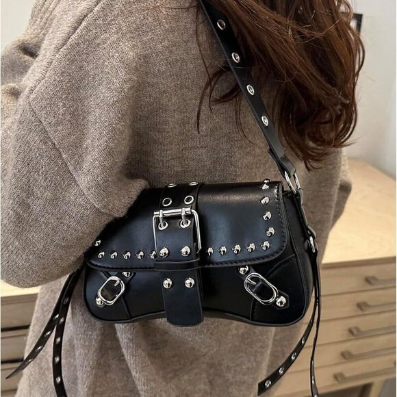 Women’s Faux Leather Rivet Studded Buckle Punk Underarm Clutch Bag - Picture 2 of 6